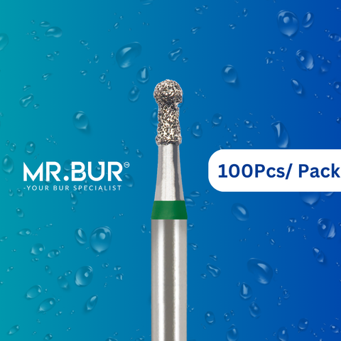 Mr. Bur 100pcs mini round ball with collar coarse FG is ideal for prophylaxis, open access, orthodontics, oral surgery, cavity prep, fillings, crown prep, implantology, and pediatric use.