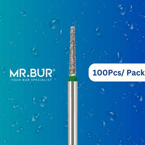 Mr. Bur 100 pcs Mini Taper Flat End Coarse Diamond Bur FG is perfect for crown prep, shoulder margin bur, prosthodontics, mini shank, and pediatric use.