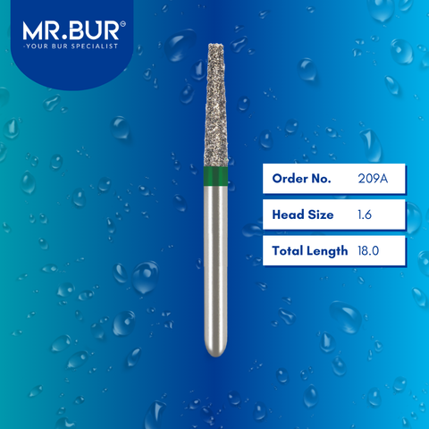 Mr. Bur 847 mini tapered flat end diamond bur 209A are tools used in multiple dental procedures. ISO 806 313 172 534 016 FG, Their mini tapered flat end heads are ideal for for effective crown and bridge preparation, shoulder margin preparation with limited mouth opening