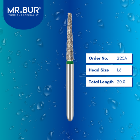 Mr. Bur 848 mini tapered flat end diamond bur 225A are tools used in multiple dental procedures. ISO 806 313 173 534 016 FG, Their mini tapered flat end heads are ideal for for effective crown and bridge preparation, shoulder margin preparation, and trimming and preparation for all composite materials. 