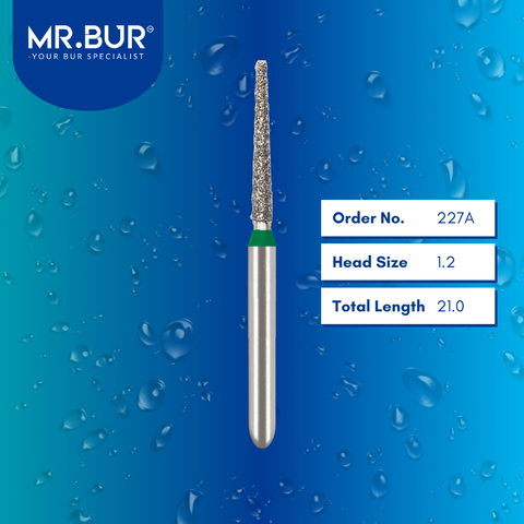 Mr. Bur 848 mini tapered flat end diamond bur 227A are tools used in multiple dental procedures. ISO 806 313 173 534 012 FG, Their mini tapered flat end heads are ideal for for effective crown and bridge preparation, shoulder margin preparation, and trimming and preparation for all composite materials. 