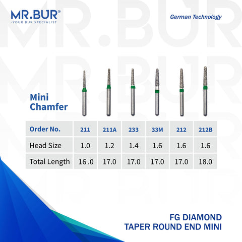 These are 6 variants of the Mini Taper Round End Coarse Chamfer FG Diamond Dental Bur that is sold by Mr Bur the best international diamond dental bur supplier the head sizes are 1.0mm 1.2mm 1.4mm 1.6mm