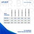 These are 6 variants of the Mini Taper Round End Coarse Chamfer FG Diamond Dental Bur that is sold by Mr Bur the best international diamond dental bur supplier the head sizes are 1.2mm 1.4mm 1.6mm 1.8mm