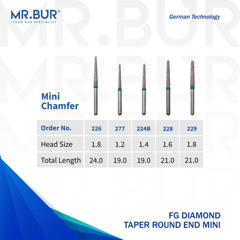 These are 5 variants of the Mini Taper Round End Coarse Chamfer FG Diamond Dental Bur that is sold by Mr Bur the best international diamond dental bur supplier the head sizes are 1.2mm 1.4mm 1.6mm 1.8mm