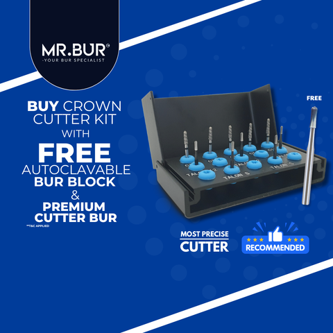 Crown cutter bur that provides the features of removing debris and rapid cutting speed with optimal heat dissipation.