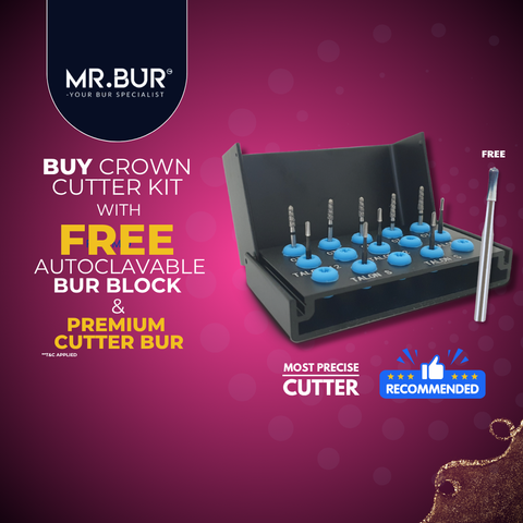 Crown cutter bur that provides the features of removing debris and rapid cutting speed with optimal heat dissipation.
