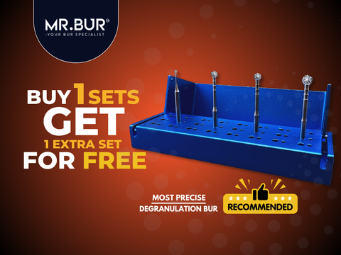 Mr. Bur degranulation burs are essential for precisely removing unnecessary soft tissue remnants attached to bone, addressing issues like inflammation, pyogenic granuloma, and excessive granulation, as well as correcting uneven or convex bone surfaces.