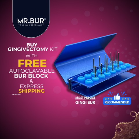 Mr. Bur Gingivectomy Bur Kit, with 10 stainless steel burs, is ideal for fine-tuning soft tissue, subgingival caries treatment, and using heat to cauterize gums and control bleeding during gingivectomy.