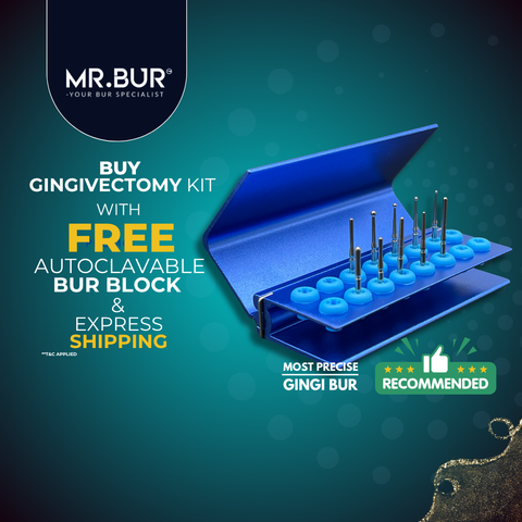 Mr. Bur Gingivectomy Bur Kit, with 10 stainless steel burs, is ideal for fine-tuning soft tissue, subgingival caries treatment, and using heat to cauterize gums and control bleeding during gingivectomy.