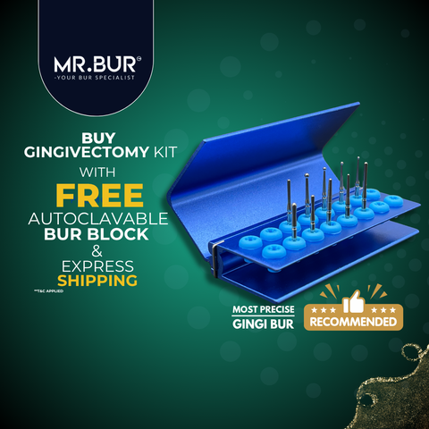 Mr. Bur Gingivectomy Bur Kit, with 10 stainless steel burs, is ideal for fine-tuning soft tissue, subgingival caries treatment, and using heat to cauterize gums and control bleeding during gingivectomy.