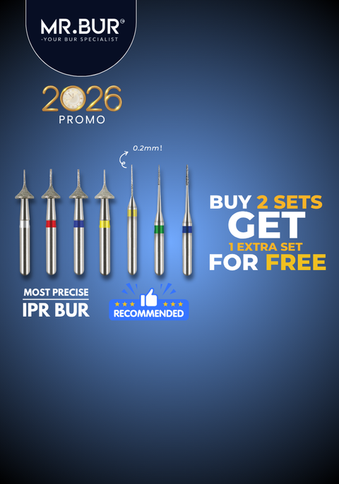MR.BUR Interproximal Reduction Dental Bur. Available in 0.2mm, 0.3mm, 0.4mm, 0.45mm, and 0.5mm for maximize precision and efficacy in interdental space adjustment and enamel reduction 
