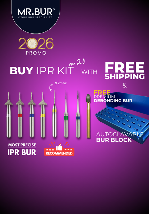 MR.BUR Interproximal Reduction Dental Bur. Available in 0.2mm, 0.3mm, 0.4mm, 0.45mm, and 0.5mm for maximize precision and efficacy in interdental space adjustment and enamel reduction 
