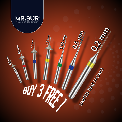MR.BUR Interproximal Reduction Dental Bur. Available in 0.2 mm, 0.3mm, 0.4mm, 0.45mm, and 0.5mm for maximize precision and efficacy in interdental space adjustment and enamel reduction as a single choice