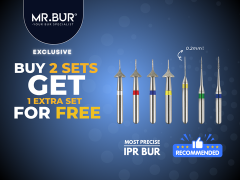 MR.BUR Interproximal Reduction Dental Bur. Available in 0.2mm, 0.3mm, 0.4mm, 0.45mm, and 0.5mm for maximize precision and efficacy in interdental space adjustment and enamel reduction 