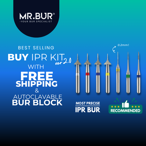 MR.BUR Interproximal Reduction Dental Bur. Available in 0.2mm, 0.3mm, 0.4mm, 0.45mm, and 0.5mm for maximize precision and efficacy in interdental space adjustment and enamel reduction 