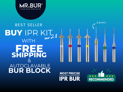 MR.BUR Interproximal Reduction Dental Bur. Available in 0.2mm, 0.3mm, 0.4mm, 0.45mm, and 0.5mm for maximize precision and efficacy in interdental space adjustment and enamel reduction.