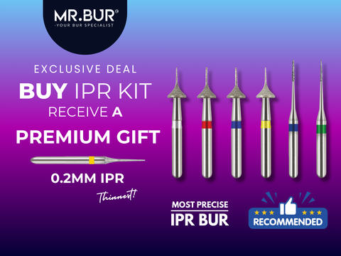 MR.BUR Interproximal Reduction Dental Bur. Available in 0.3mm, 0.4mm, 0.45mm, and 0.5mm for maximize precision and efficacy in interdental space adjustment and enamel reduction 