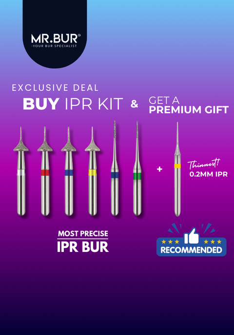 MR.BUR Interproximal Reduction Dental Bur. Available in 0.3mm, 0.4mm, 0.45mm, and 0.5mm for maximize precision and efficacy in interdental space adjustment and enamel reduction 