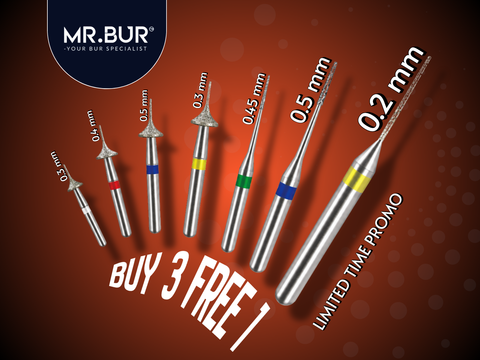 MR.BUR Interproximal Reduction Dental Bur. Available in 0.2mm, 0.3mm, 0.4mm, 0.45mm, and 0.5mm for maximize precision and efficacy in interdental space adjustment and enamel reduction.