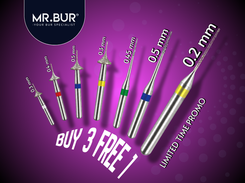 MR.BUR Interproximal Reduction Dental Bur. Available in 0.2 mm, 0.3mm, 0.4mm, 0.45mm, and 0.5mm for maximize precision and efficacy in interdental space adjustment and enamel reduction as a single choice