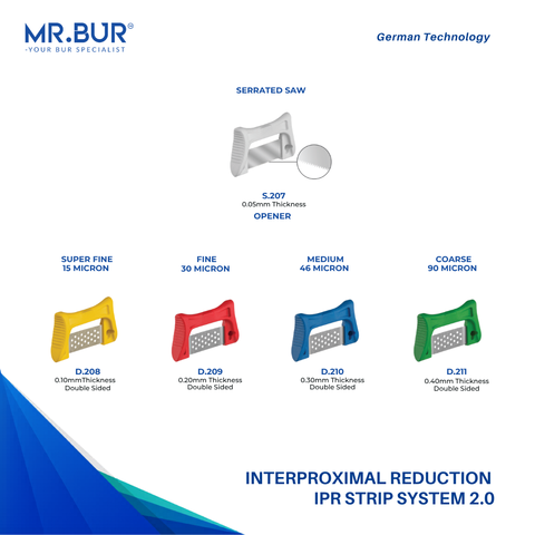 Mr. Bur IPR strip system 2.0 showing full interproximal reduction kit with the range 0.05mm to 0.4mm strips.