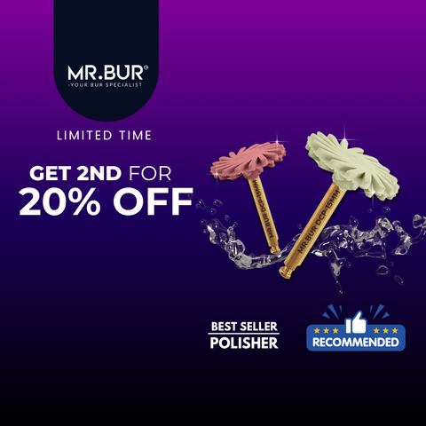 Mr. Bur Diamond Composite Polisher  6002, featuring medium and fine grits for precise, high-gloss finishing on composite restorations, ensuring both smooth surfaces and enhanced durability, result better than EVE Diacomp Plus Twist RA 342.