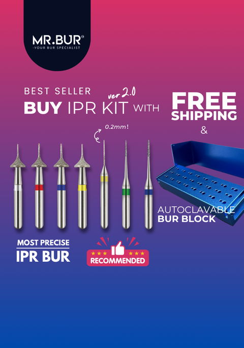 MR.BUR Interproximal Reduction Dental Bur. Available in 0.2mm, 0.3mm, 0.4mm, 0.45mm, and 0.5mm for maximize precision and efficacy in interdental space adjustment and enamel reduction 