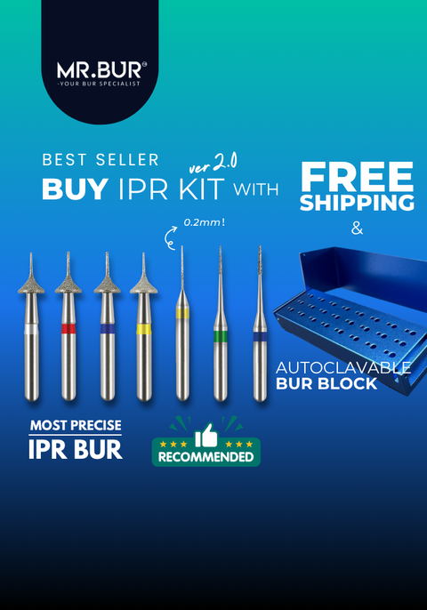 MR.BUR Interproximal Reduction Dental Bur. Available in 0.2mm, 0.3mm, 0.4mm, 0.45mm, and 0.5mm for maximize precision and efficacy in interdental space adjustment and enamel reduction.