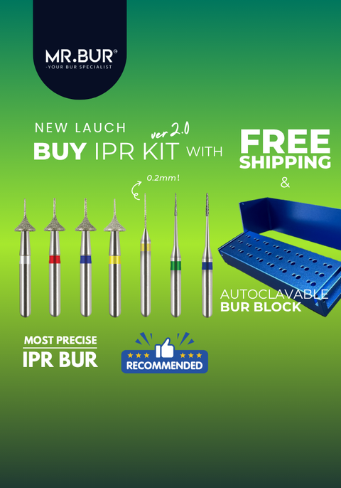 MR.BUR Interproximal Reduction Dental Bur. Available in 0.2mm, 0.3mm, 0.4mm, 0.45mm, and 0.5mm for maximize precision and efficacy in interdental space adjustment and enamel reduction 