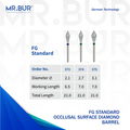 Mr. Bur FG Barrel diamond burs, including, 373, 374 and 375, used for occlusal reduction, contouring, and smoothing of crown surfaces in restorative dentistry procedures.