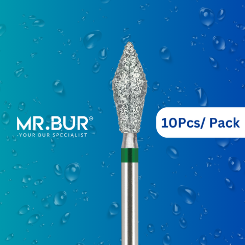 Mr. Bur FG Barrel diamond bur used for occlusal reduction, contouring, and smoothing of crown surfaces in restorative dentistry procedures.