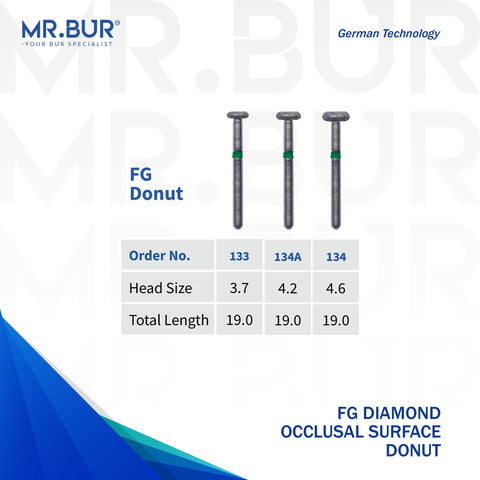 These are 3 variants of the Occlusal Surface Reduction Donut Coarse FGDiamond Bur sold by Mr Bur the best international dental diamond bur supplier the dental bur head sizes shown here are 3.7mm 4.2mm 4.6mm