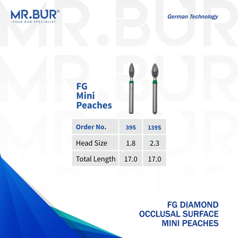 These are 2 variants of the Occlusal Surface Reduction Mini Peach Coarse FG Diamond Bur sold by Mr Bur the best international diamond dental bur supplier the dental head sizes shown here are 1.8mm 2.3mm