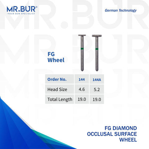 These are 2 variants of the Occlusal Surface Reduction Wheel Coarse FG Diamond Bur sold by Mr Bur the best international dental diamond bur supplier the dental bur head size shown here are 4.6mm and 5.2mm