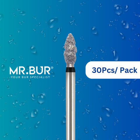 Mr. Bur's 30 pcs Spiral Cool Cut Super Coarse Peaches Diamond Bur FG is ideal for restorative, prosthodontics, crown cutting and prep, crowns & bridges, polishing, and high shine finishing.