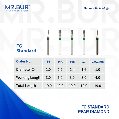 This image shows 4 FG Pear dental burs sold internationally by Mr Bur the best dental supplier