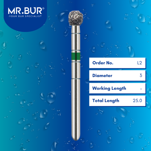 Mr. Bur Implant Round FG bur, L2, used for implant site debridement peri implantitis treatment and cleaning implant threads during surgical procedures.
