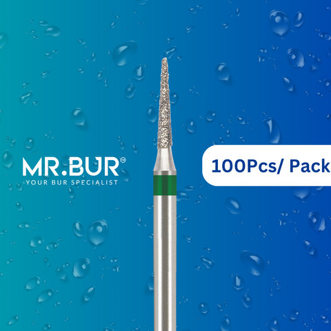 Optimize dental care with Mr. Bur 100 pcs Pointed Cone Coarse Diamond FG for prophylaxis, crown prep, model fabrication, casting, veneer & ceramic techniques, and interproximal trimming.