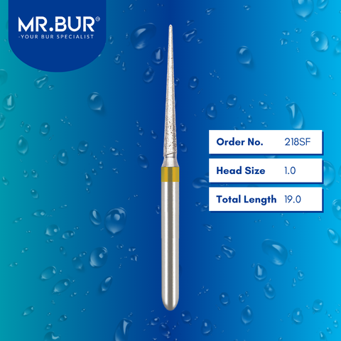 Mr. Bur 218SF Super Fine Finishing Pointed Cone Diamond Bur FG are tools used in multiple dental procedures. Their pointed cone-shaped heads are ideal for effective prophylaxis, crown preparation, model fabrication, model casting technique, interproximal reduction, crown and bridge technique, and veneer and ceramic technique.