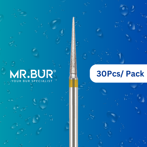 Optimize dental care with Mr. Bur 30 pcs Super Fine Finishing Pointed Cone Diamond Bur FG for prophylaxis, crown prep, model fabrication, casting, interproximal reduction, and veneer techniques.