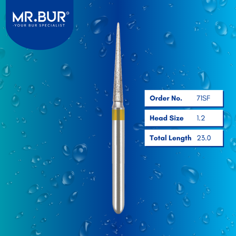 Mr. Bur 71SF Super Fine Finishing Pointed Cone Diamond Bur FG are tools used in multiple dental procedures. Their pointed cone-shaped heads are ideal for effective prophylaxis, crown preparation, model fabrication, model casting technique, interproximal reduction, crown and bridge technique, and veneer and ceramic technique.