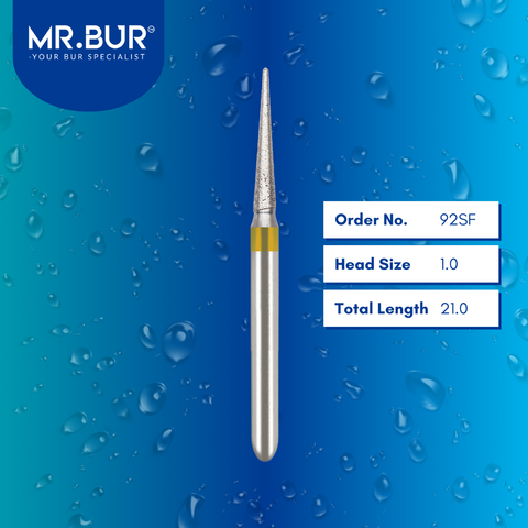 Mr. Bur 92SF Super Fine Finishing Pointed Cone Diamond Bur FG are tools used in multiple dental procedures. Their pointed cone-shaped heads are ideal for effective prophylaxis, crown preparation, model fabrication, model casting technique, interproximal reduction, crown and bridge technique, and veneer and ceramic technique.