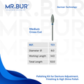 MR.BUR Tungsten Carbide Medium Cross Cut Laboratory Bur is designed for efficient cutting, trimming, and contouring of denture and laboratory materials.