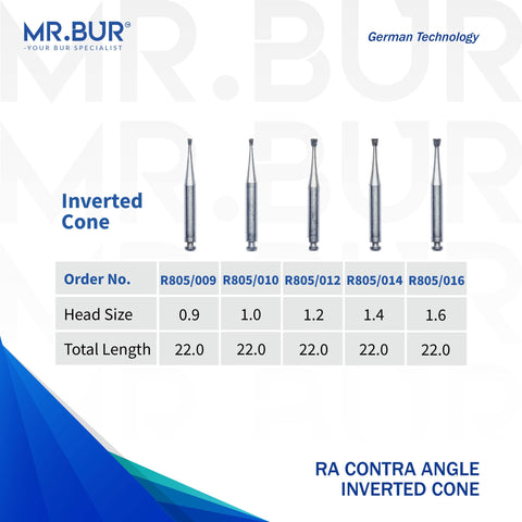 5 variants of the #1 Best Contra Angle Inverted Cone Diamond Bur RA. Mr Bur offers the best online dental burs and is a Better Choice than Meisinger, Mani, Shofu, Eagle Dental, Trihawk, Suitable for Dental Cases. The dental bur head sizes shown here are 0.9mm, 1.0mm, 1.2mm, 1.4mm, and 1.6mm