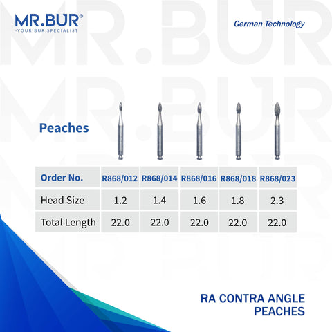 5 variants of the #1 Best Contra Angle Peach Diamond Bur RA. Mr Bur offers the best online dental burs and is a Better Choice than Meisinger, Mani, Shofu, Eagle Dental, Trihawk, Suitable for Dental Cases. The dental bur head sizes shown here are 1.2mm, 1.4mm, 1.6mm, 1.8mm, and 2.3mm
