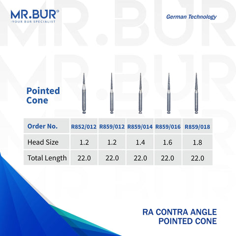 5 variants of the #1 Best Contra Angle Pointed Cone Diamond Bur RA. Mr Bur offers the best online dental burs and is a Better Choice than Meisinger, Mani, Shofu, Eagle Dental, Trihawk, Suitable for Dental Cases. The dental bur head sizes shown here are  1.2mm, 1.4mm, 1.6mm, and 1.8mm
