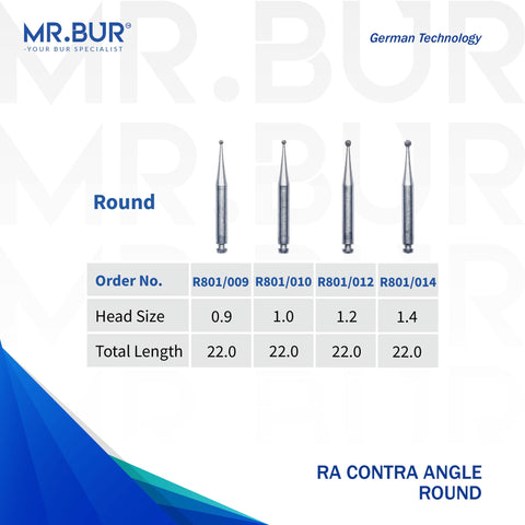 4 variations of the #1 Best Contra Angle Round Diamond Bur RA. Mr Bur offers the best online dental burs and is a Better Choice than Meisinger, Mani, Shofu, Eagle Dental, Trihawk, Suitable for Dental Cases. The dental bur head sizes shown here are 0.9mm, 1.0mm, 1.2mm, and 1.4mm