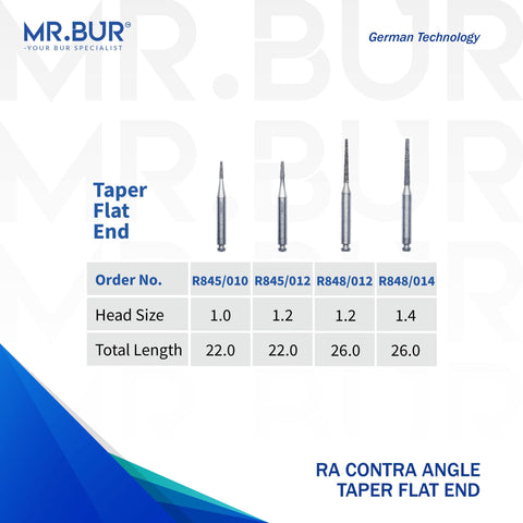 4 variants of the #1 Best Contra Angle Taper Flat End Diamond Bur RA. Mr Bur offers the best online dental burs and is a Better Choice than Meisinger, Mani, Shofu, Eagle Dental, Trihawk, Suitable for Dental Cases. The dental bur head sizes shown here are 1.0mm, 1.2mm, and 1.4mm
