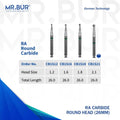 This image shows 4 RA Round Carbide dental burs sold by mr Bur the best international dental bur supplier