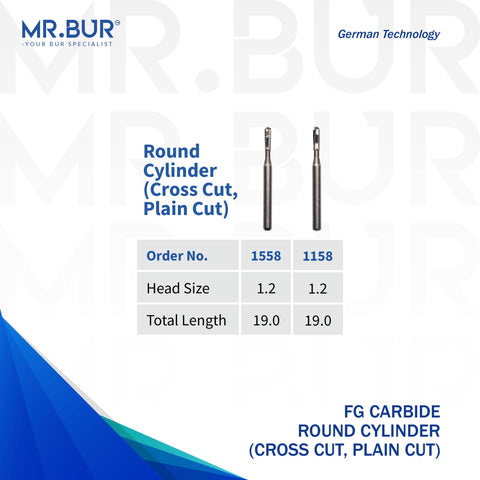 Round Cylinder Tungsten Carbide Dental Bur FG Cross Cut and Plain Cut